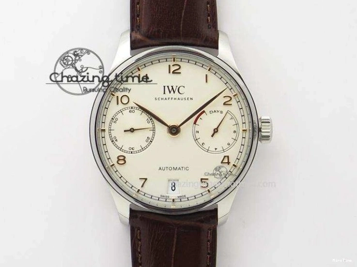 MIROTIME 0427 Sustainable Portuguese IW5444 SS White Dial RG Numbers On Brown Leather Strap A 7256